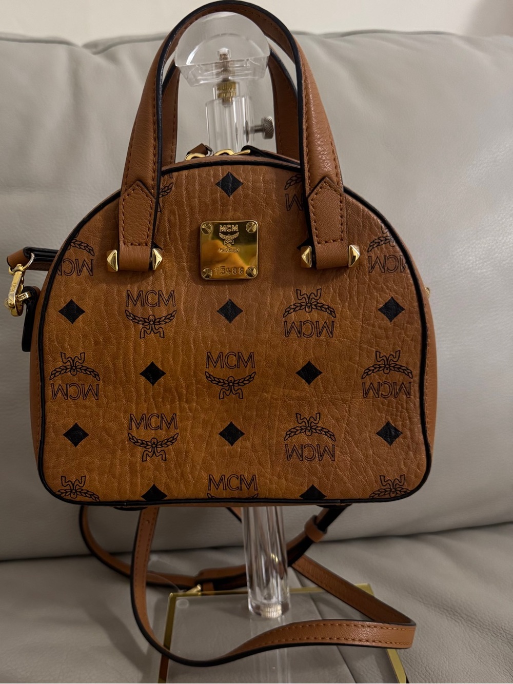 MCM Cognac mini half moon bag